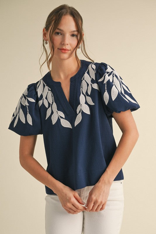 Embroidered Puff Sleeve Top-Navy White
