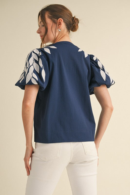 Embroidered Puff Sleeve Top-Navy White