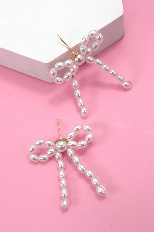 Pearl Bead Bow Ribbon Earrings