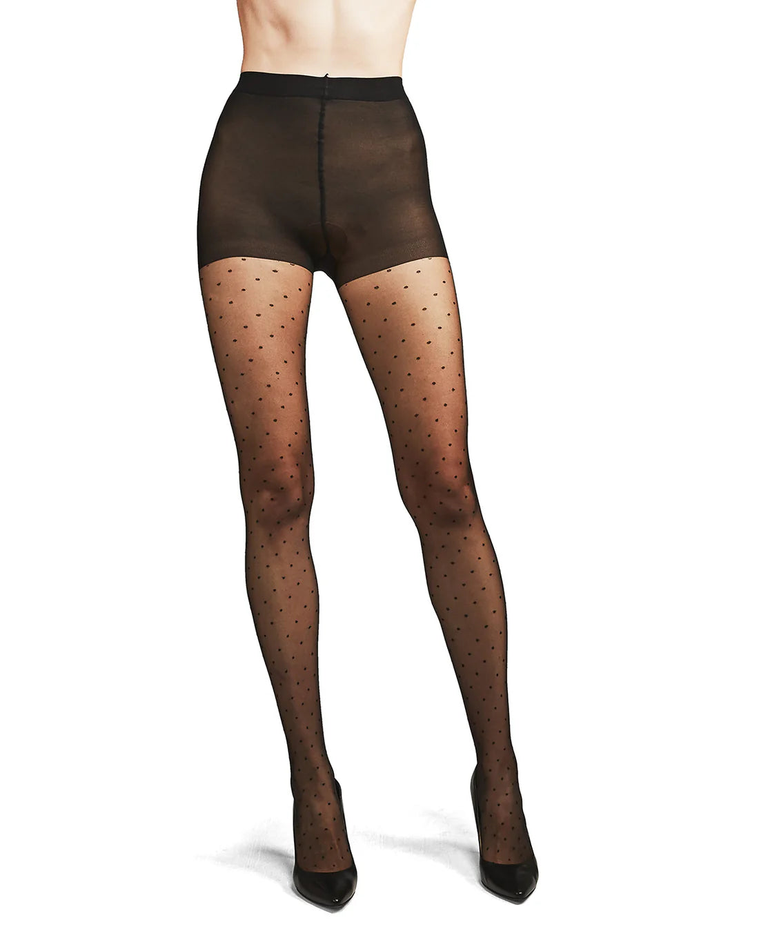 Black dotted sheer tights worn by a model on a white background