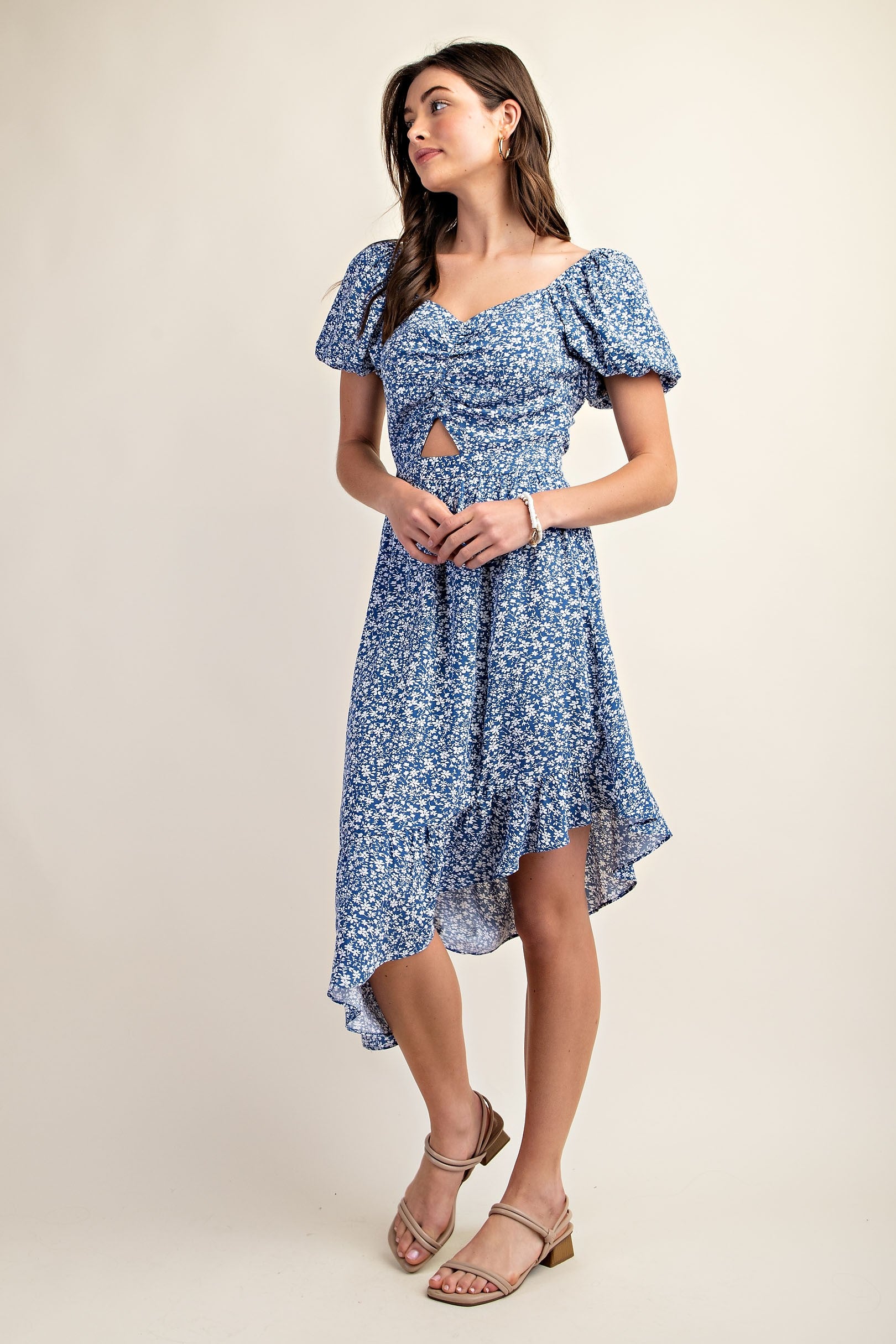 Asymmetrical Puff Sleeve Dress-Blue Floral