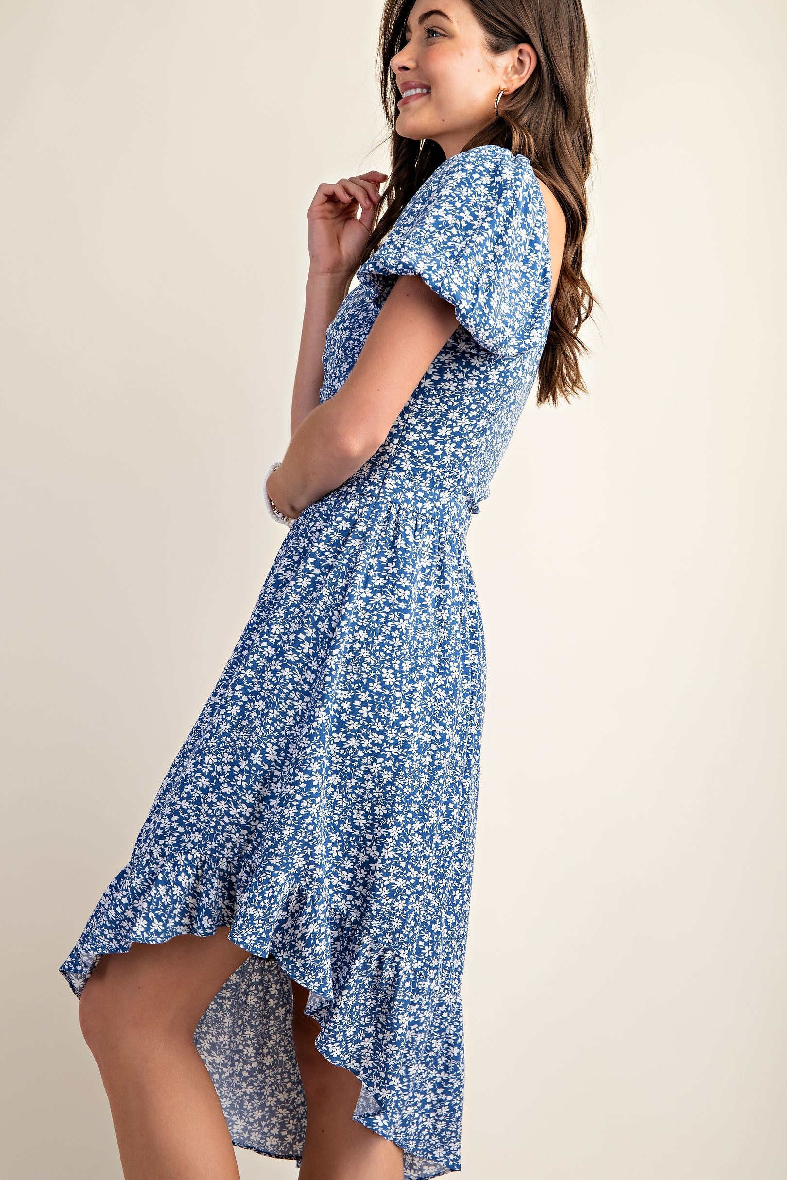 Asymmetrical Puff Sleeve Dress-Blue Floral