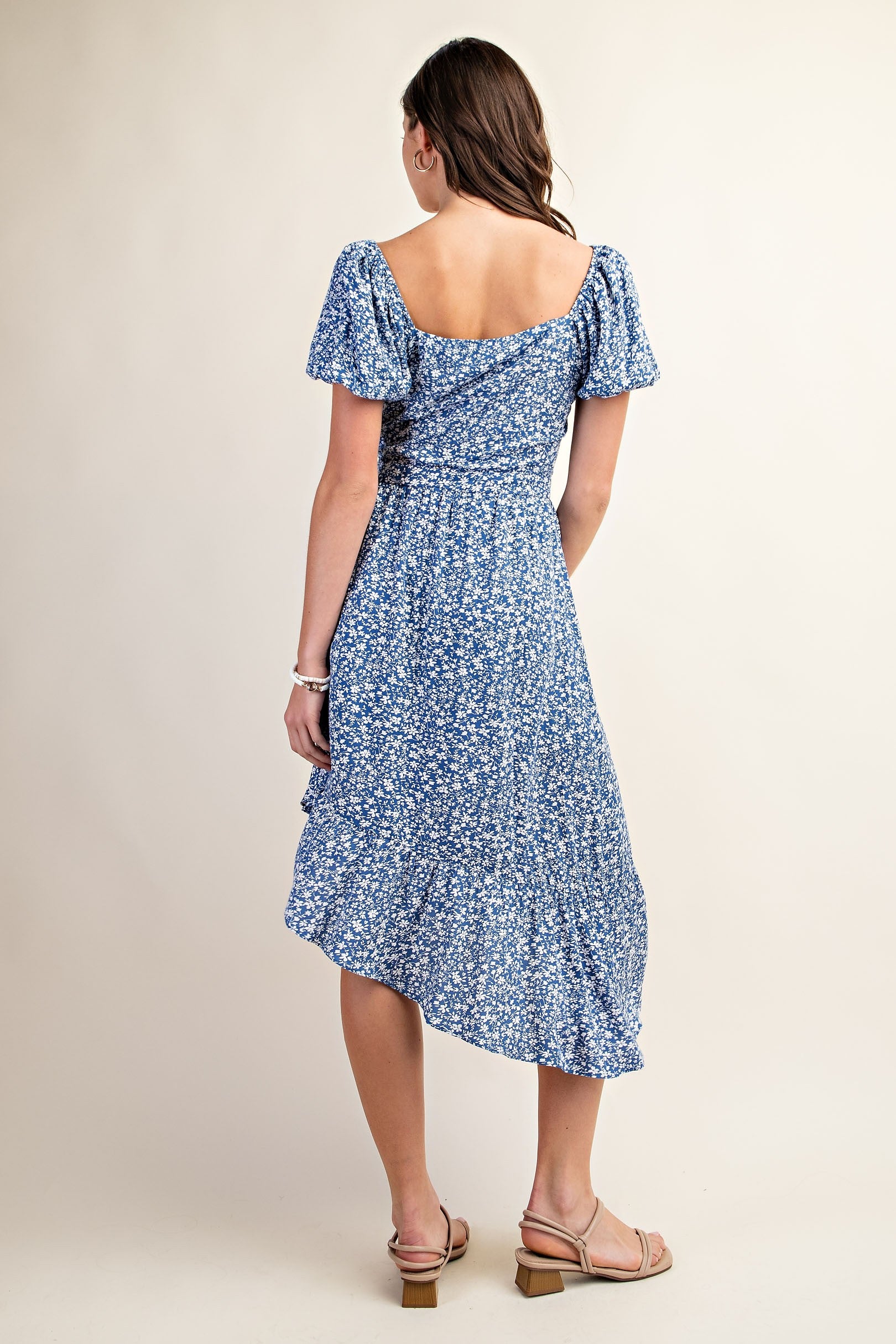 Asymmetrical Puff Sleeve Dress-Blue Floral