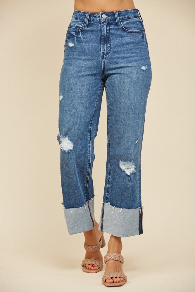 Straight Leg Cuffed Super High Waist Denim-Medium