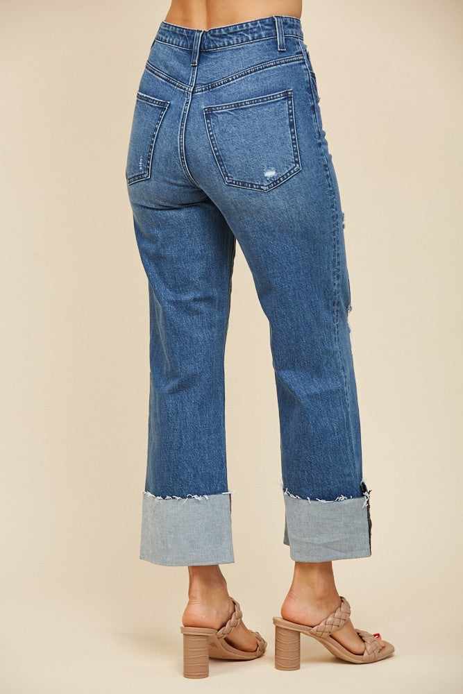 Straight Leg Cuffed Super High Waist Denim-Medium