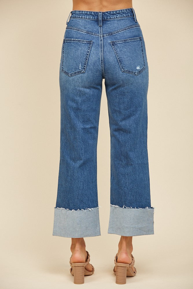 Straight Leg Cuffed Super High Waist Denim-Medium