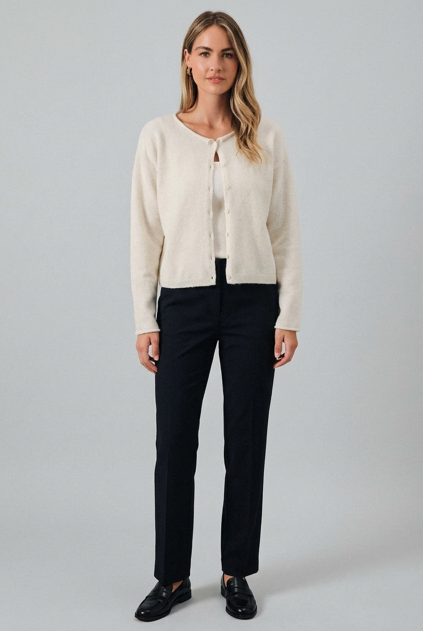 Phoenix Rolled Neck Button Down Cardigan-Cream Knit