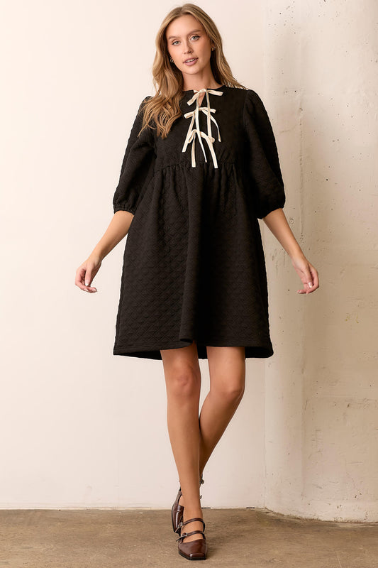 Quilted Knit Dress with Front Ties-Black