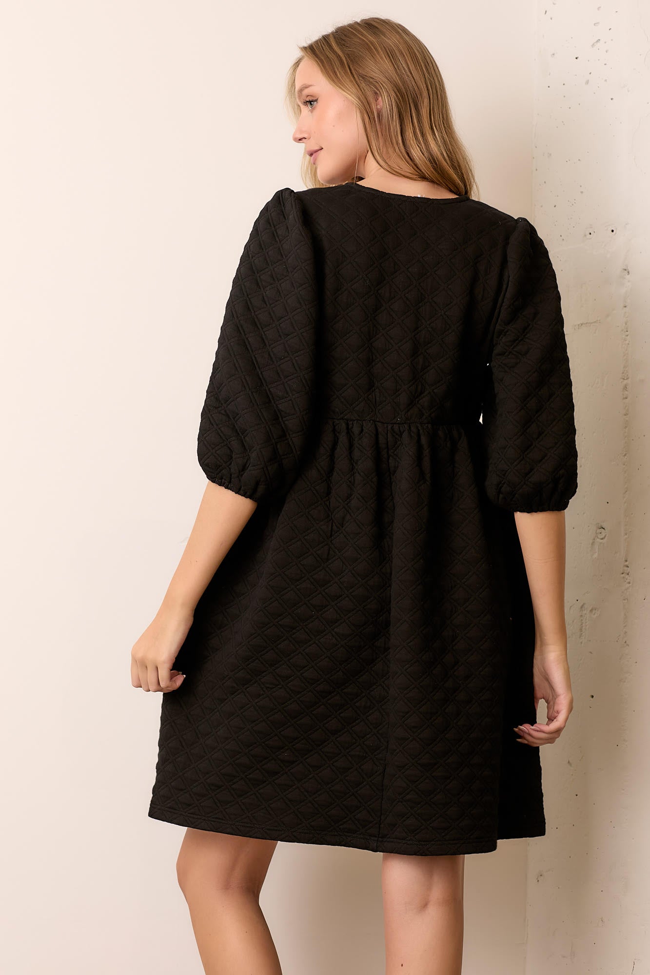 Quilted Knit Dress with Front Ties-Black