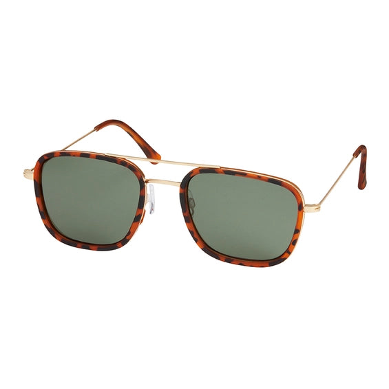 Sunglasses with tortoiseshell frame and gold accents on a white background
