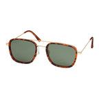 Sunglasses with tortoiseshell frame and gold accents on a white background