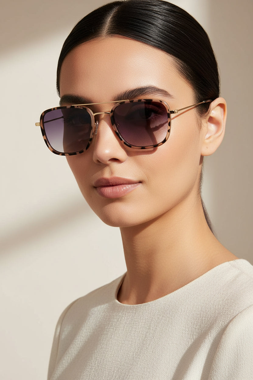 Woman wearing square light tortoise and metal sunglasses on white background