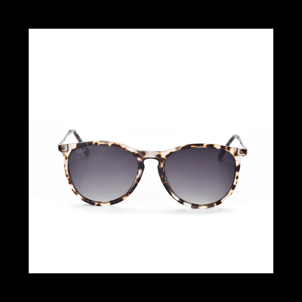 A pair of round  sunglasses with a classic tortoiseshell frame and dark gradient lenses, shown against a plain white background.