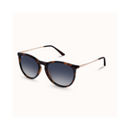 Tortoiseshell sunglasses with a gradient gray lens and slim gold metal temples, shown on a clean off-white background.