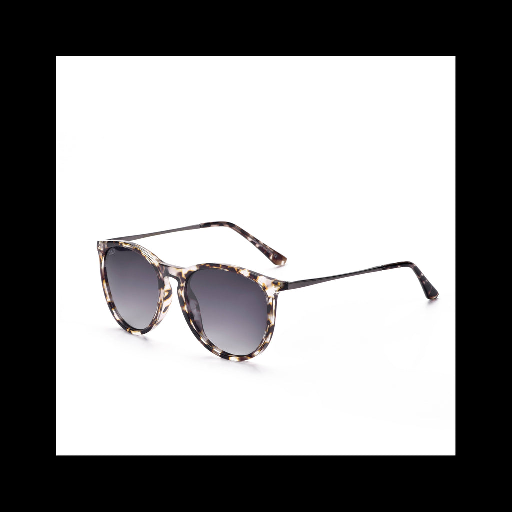 Sunglasses with ash tortoiseshell frame and dark lenses on a white background