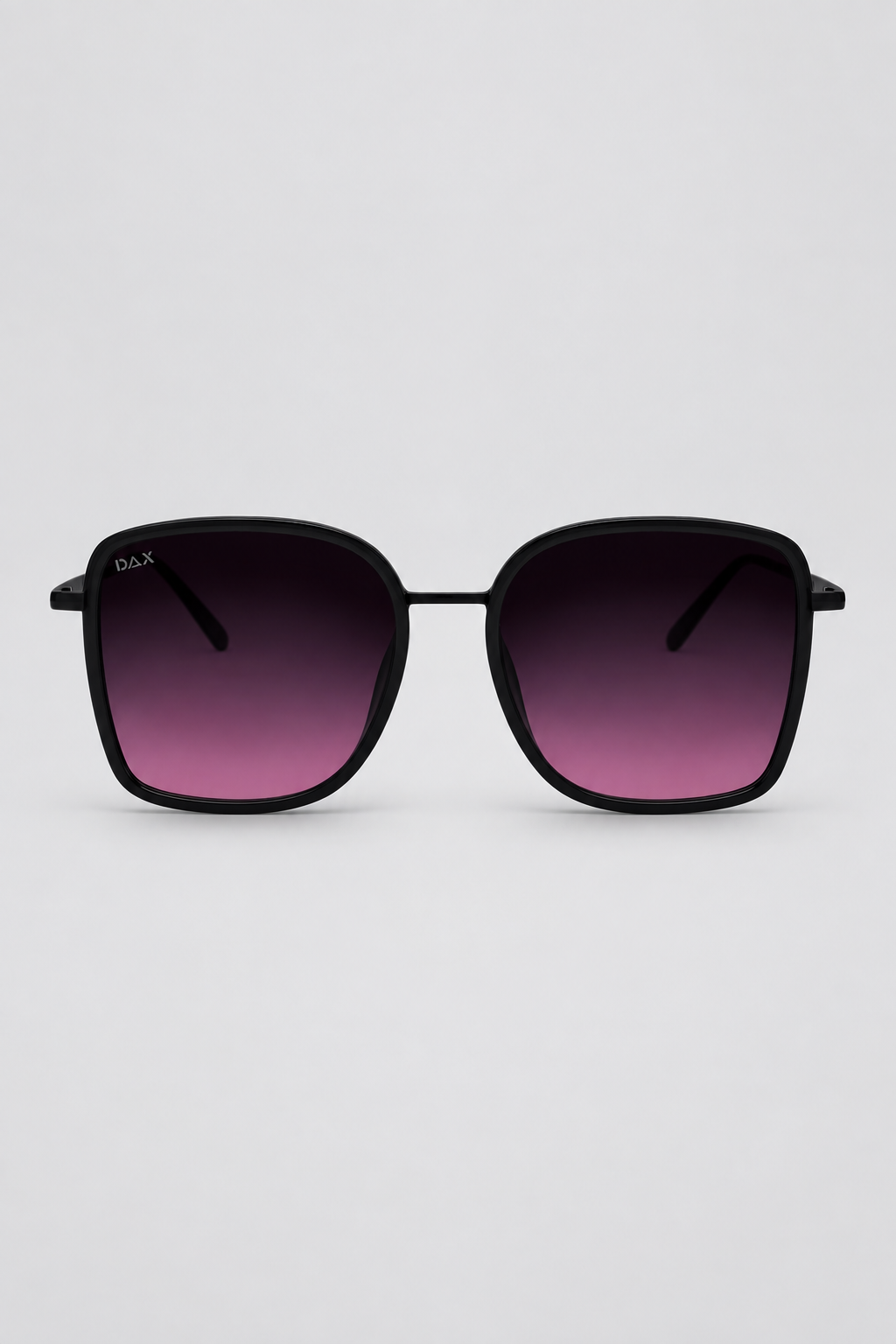 Black smokeshow sunglasses with purple gradient lenses on a white background