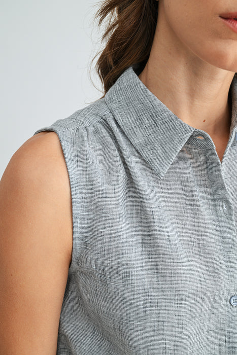 Rachel Button Down Collar Sleeveless Shirt-Grey Blue Linen