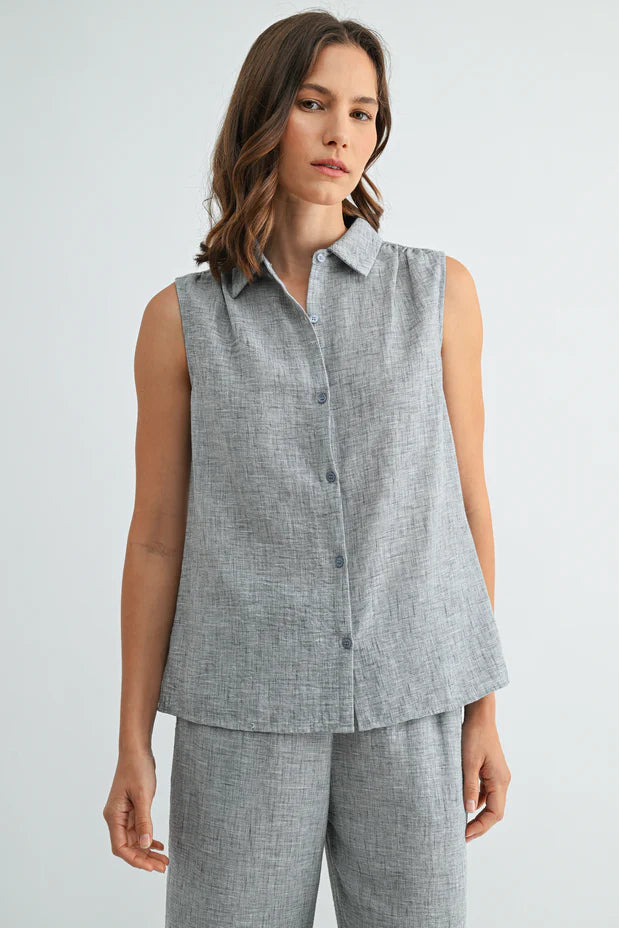 Rachel Button Down Collar Sleeveless Shirt-Grey Blue Linen