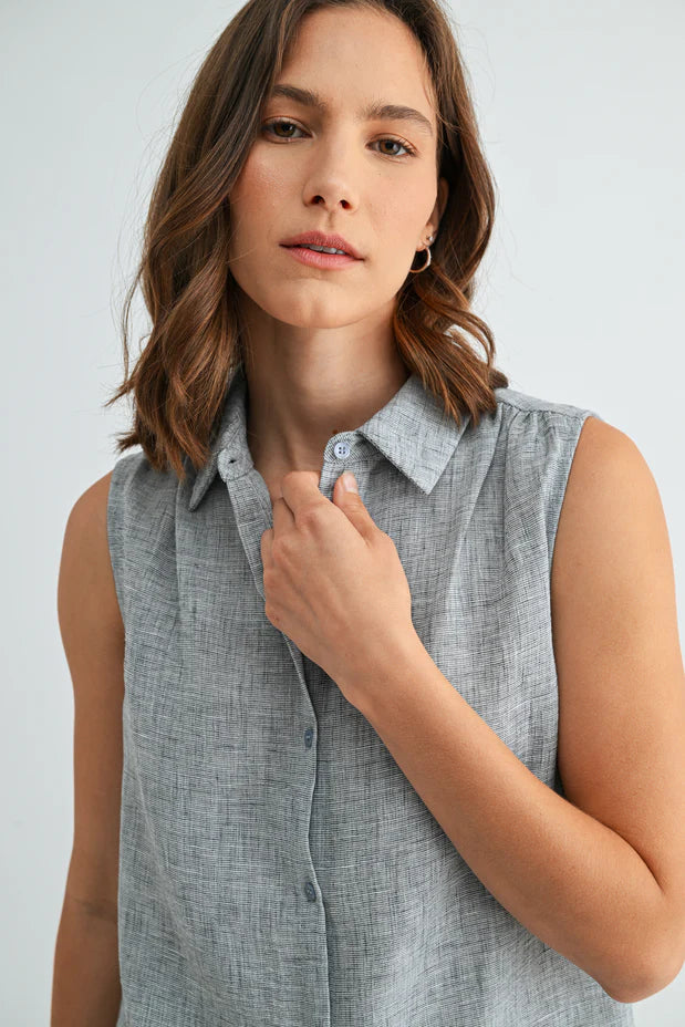 Rachel Button Down Collar Sleeveless Shirt-Grey Blue Linen
