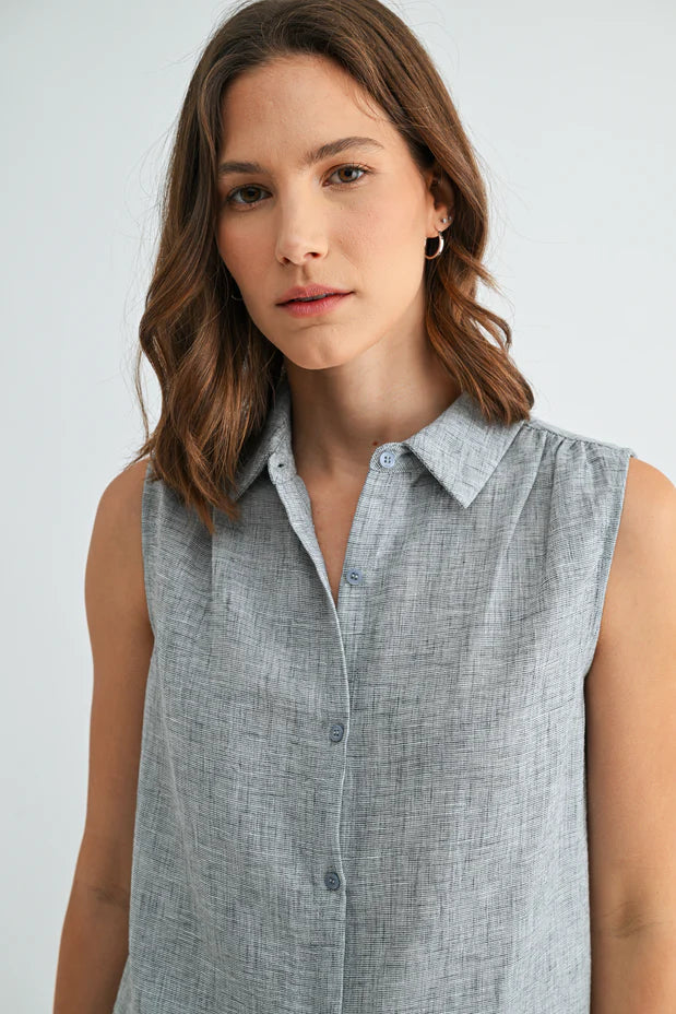 Rachel Button Down Collar Sleeveless Shirt-Grey Blue Linen