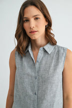 Rachel Button Down Collar Sleeveless Shirt-Grey Blue Linen