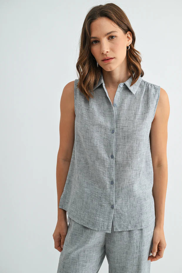Rachel Button Down Collar Sleeveless Shirt-Grey Blue Linen