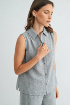 Rachel Button Down Collar Sleeveless Shirt-Grey Blue Linen