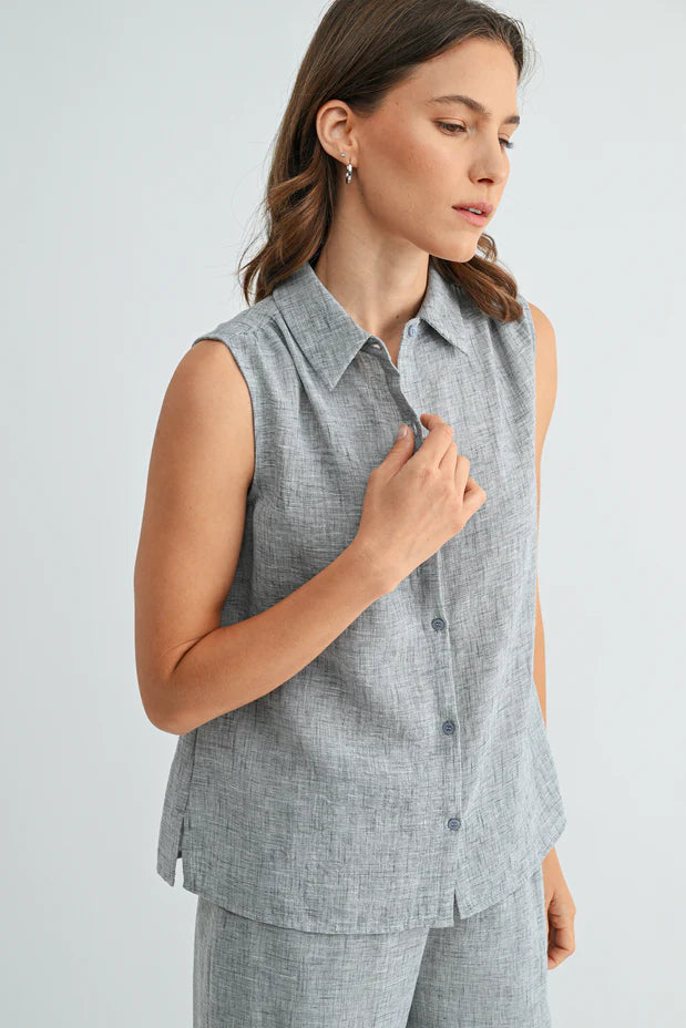 Rachel Button Down Collar Sleeveless Shirt-Grey Blue Linen