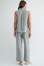 Rachel Button Down Collar Sleeveless Shirt-Grey Blue Linen