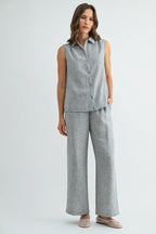 Rachel Button Down Collar Sleeveless Shirt-Grey Blue Linen
