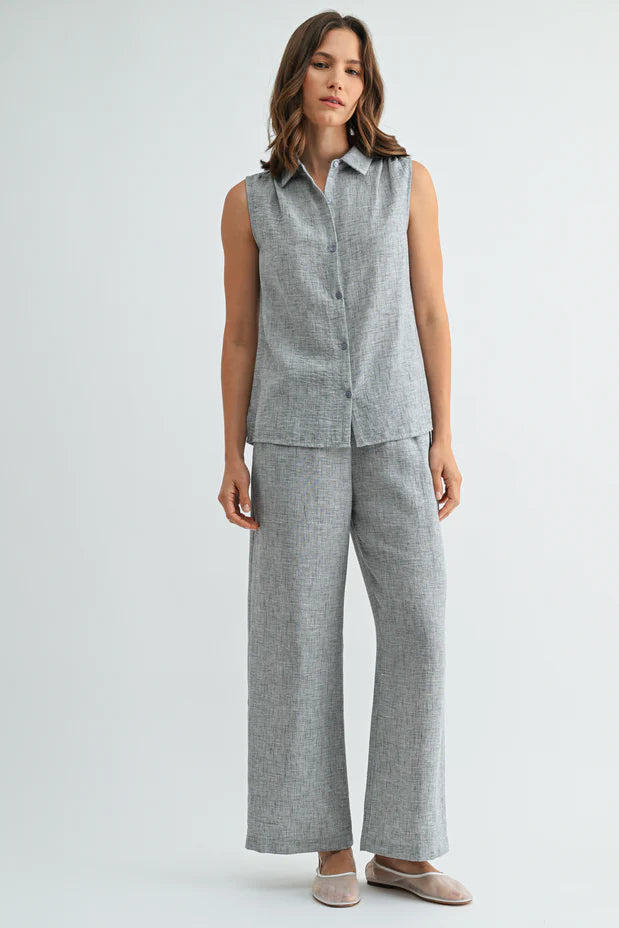 Rachel Button Down Collar Sleeveless Shirt-Grey Blue Linen
