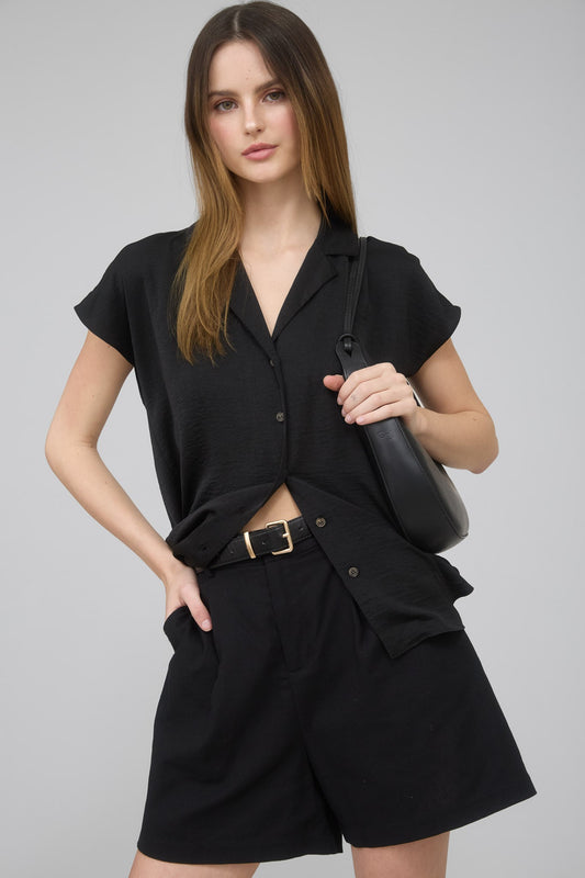 Textured Collared Button Down Shirt-Black