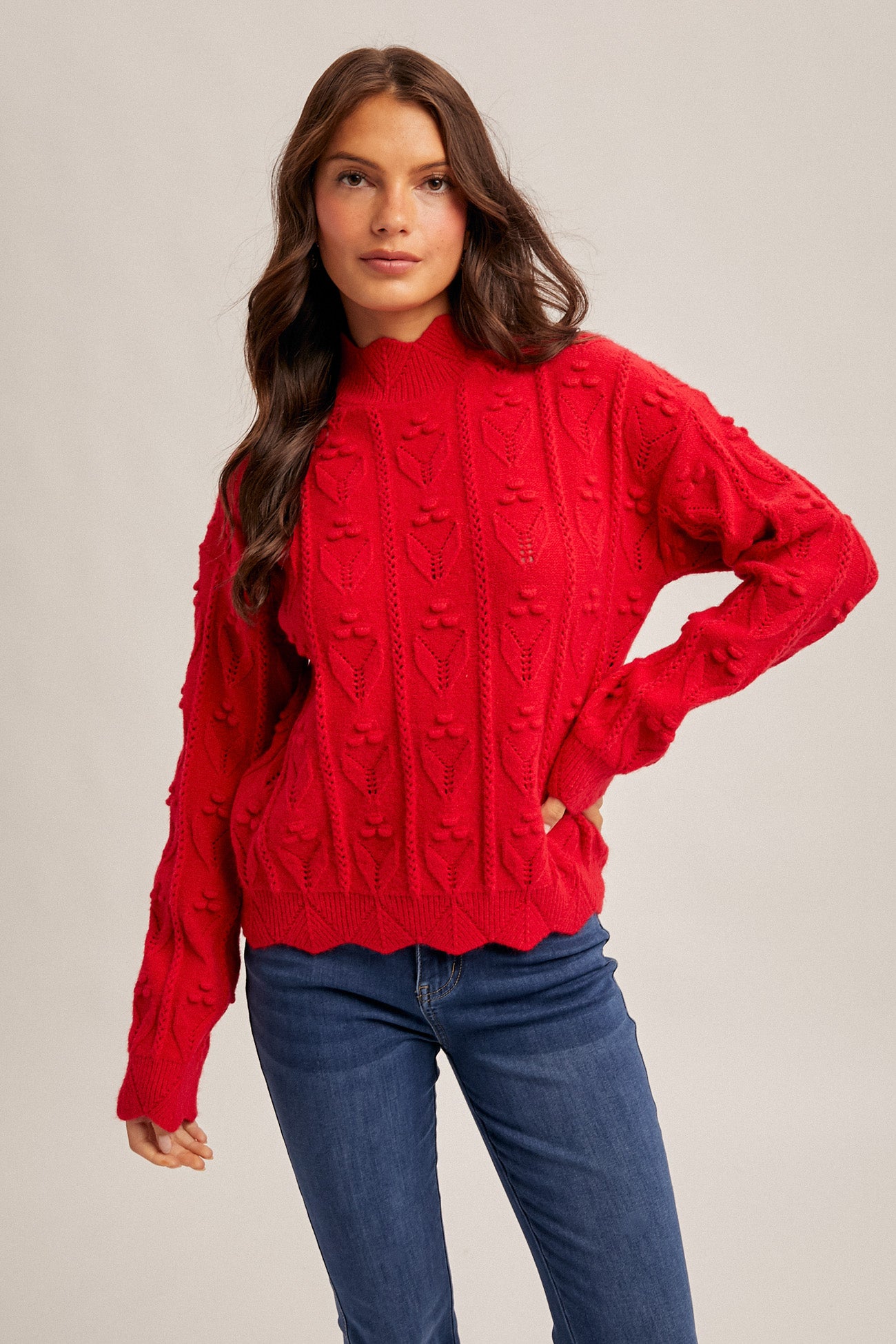Reese Crochet Detail Mock Neck Sweater-Red Knit – Erma Jean