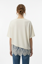 Back view of a woman modeling an ecru knit short-sleeve top with a lace hem detail, paired with light blue jeans, against a plain light gray background.