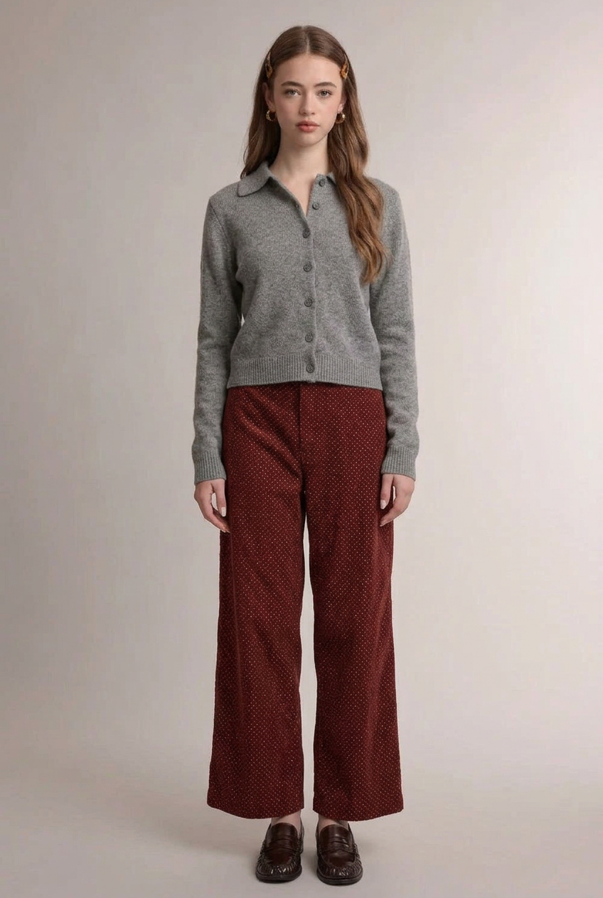 Renee Mini Polka Dot Wide Leg Pants-Brick Corduroy