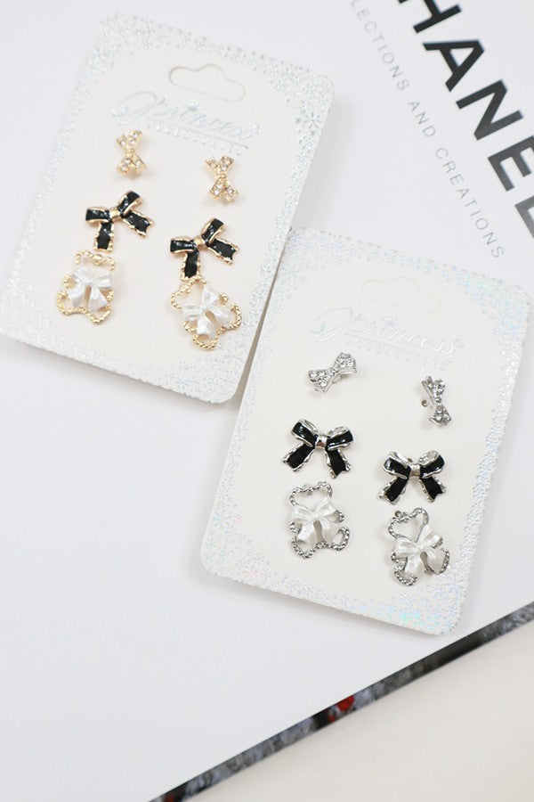 Ribbon Bows and Bear Earrings-Silver