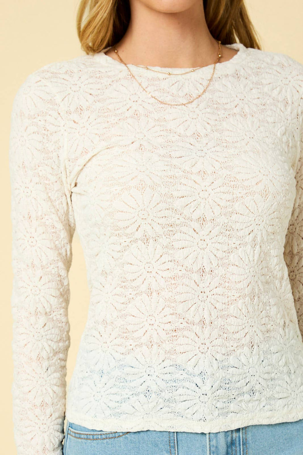 Long Sleeve Flower Lace Top-Ivory