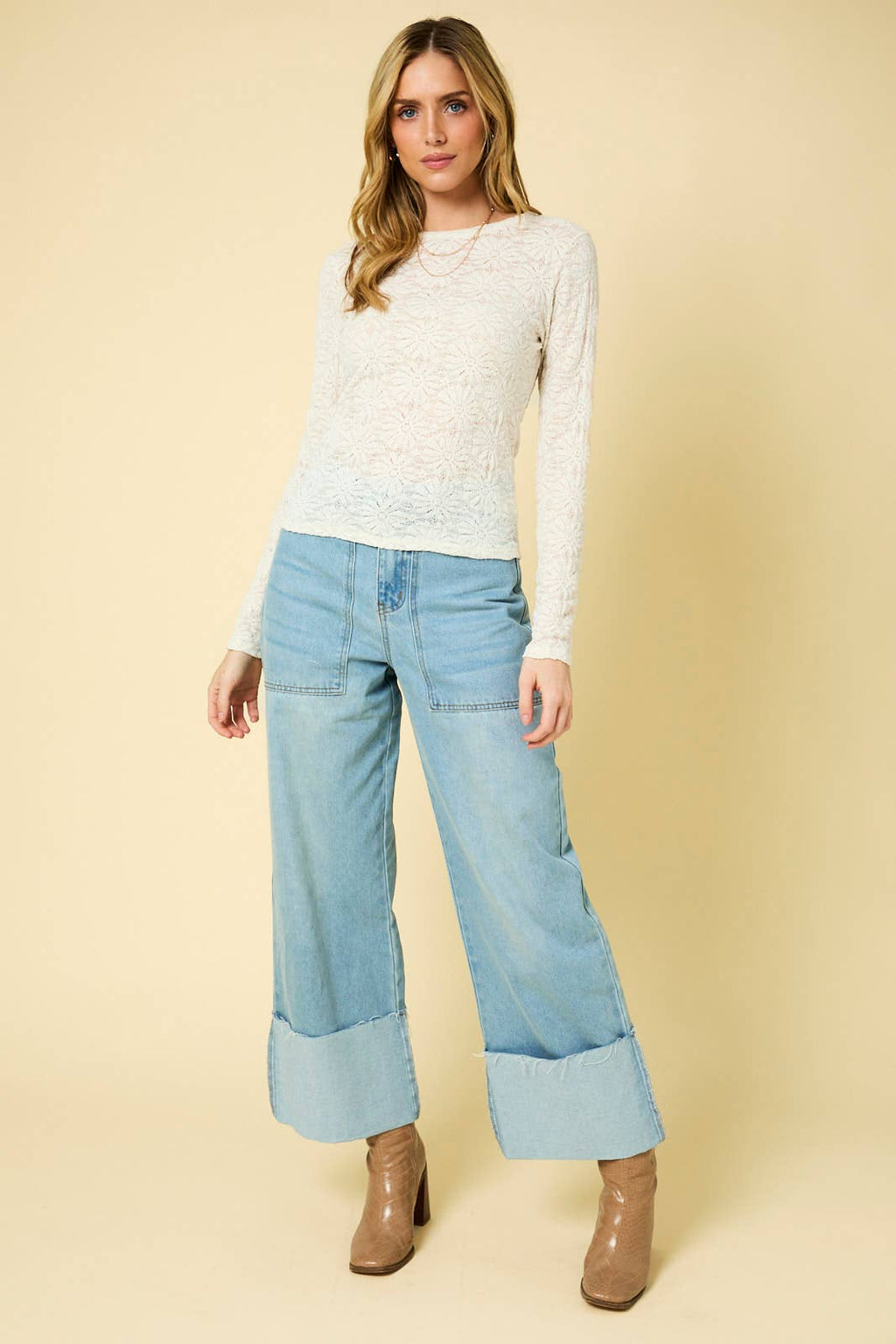 Long Sleeve Flower Lace Top-Ivory