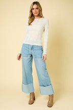 Long Sleeve Flower Lace Top-Ivory