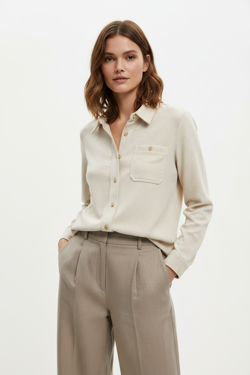 A close-up of a woman wearing an oatmeal colored button-up shacket and tan trousers
