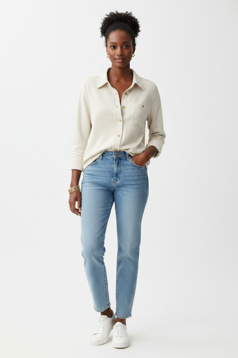 A woman modeling an oatmeal colored  button-up shacket with light-wash blue jeans and white sneakers, standing against a plain white studio background.