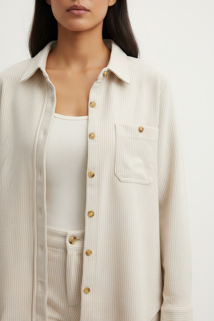 A close-up of a woman wearing an oatmeal colored button-up shacket over a white tank top.