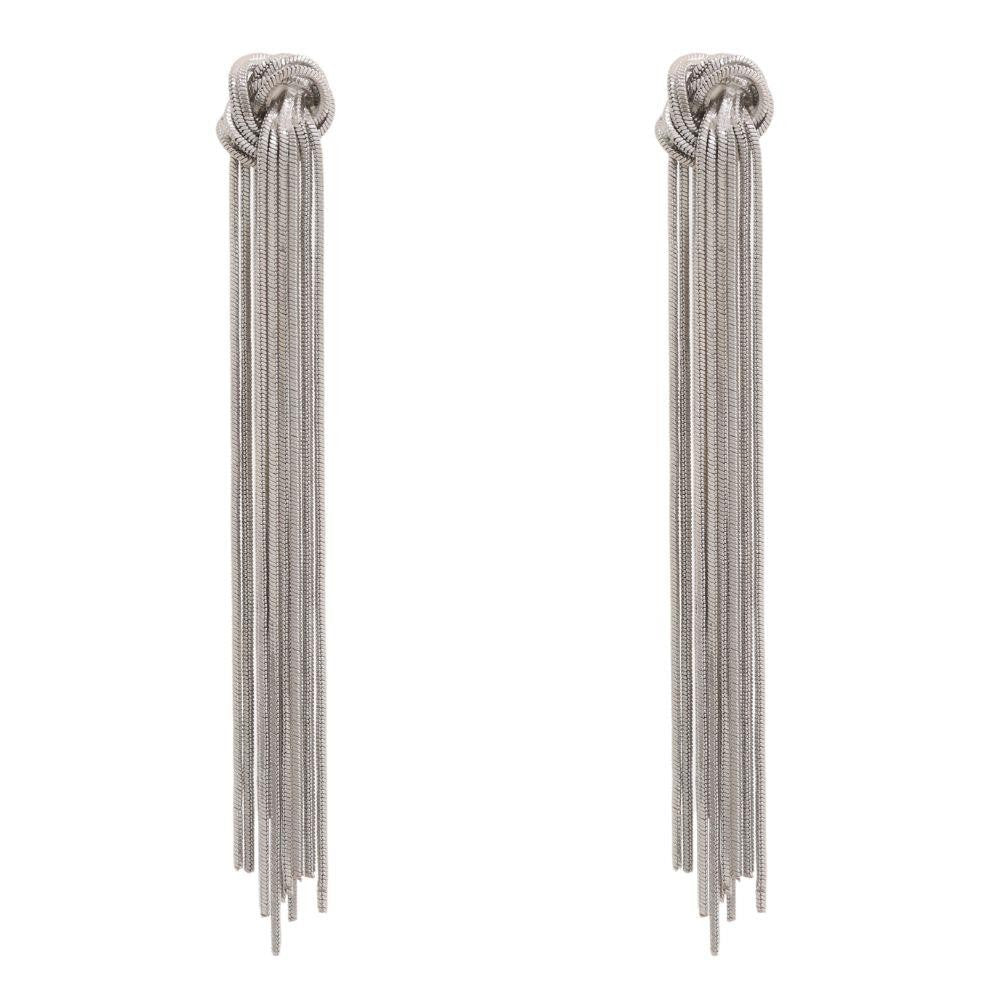 Knot Drop Fringe Dangle Earrings-Rhodium