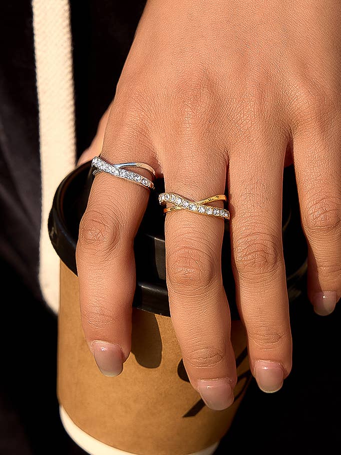 Hand with a silver-toned and gold toned double-band ring with a row of clear round-cut stones on the front band, 