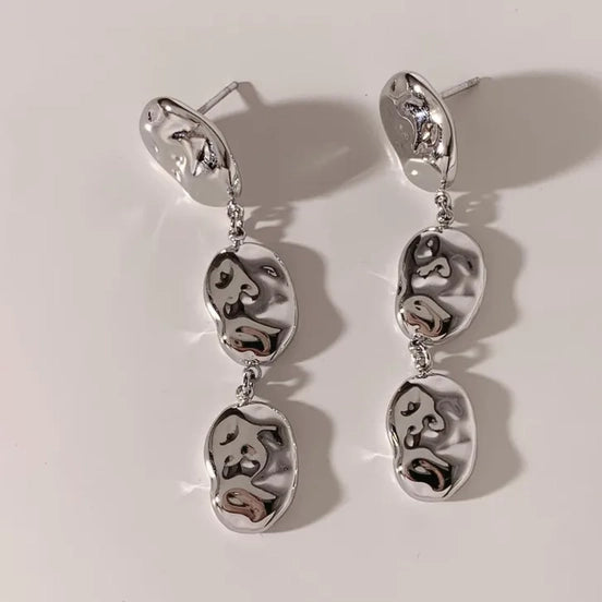 18K Non-Tarnish Textured Disk Drop Earrings-Silver