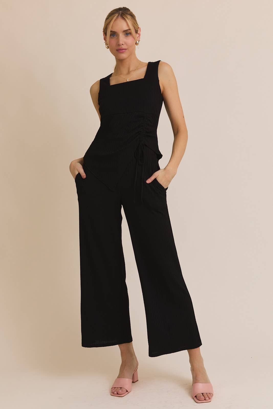 Side Ruching Tie Tank Top and Wide Leg Pant Set-Black