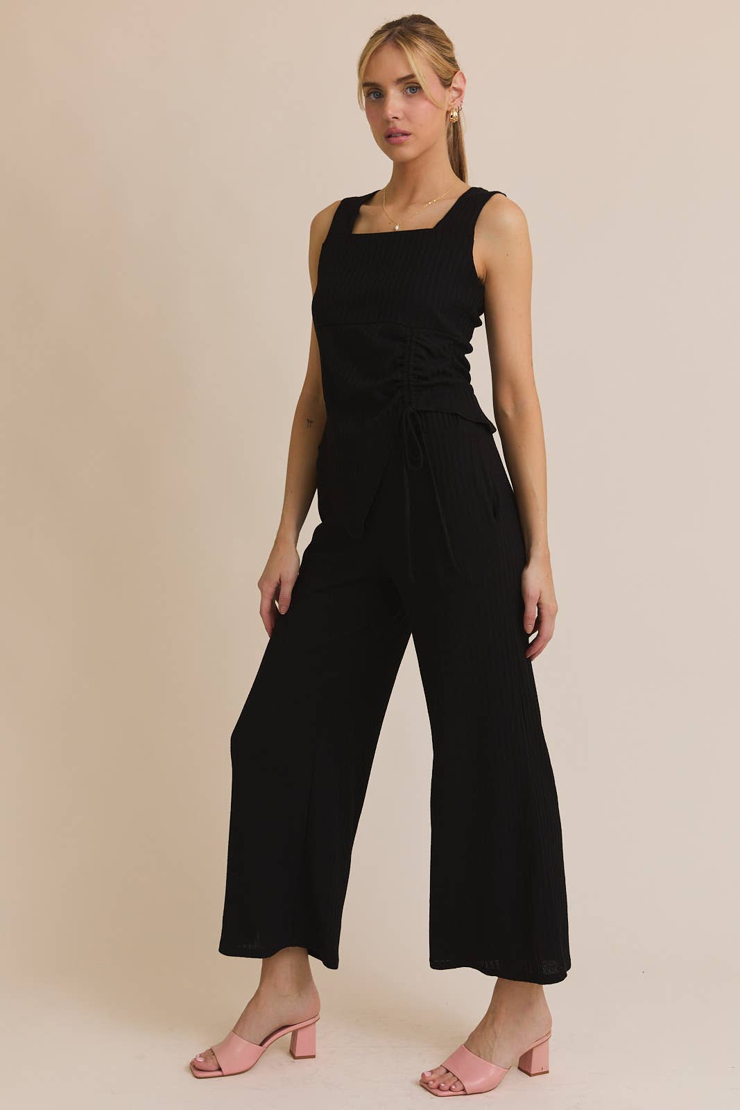 Side Ruching Tie Tank Top and Wide Leg Pant Set-Black