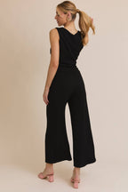 Side Ruching Tie Tank Top and Wide Leg Pant Set-Black