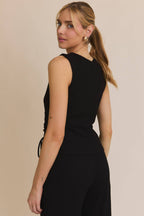 Side Ruching Tie Tank Top and Wide Leg Pant Set-Black