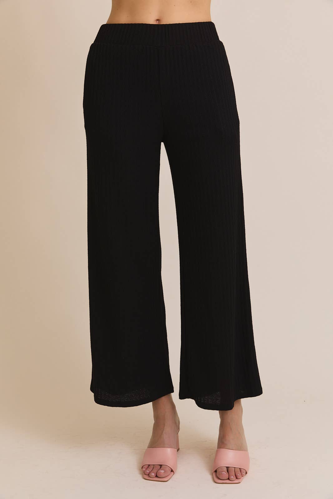 Side Ruching Tie Tank Top and Wide Leg Pant Set-Black